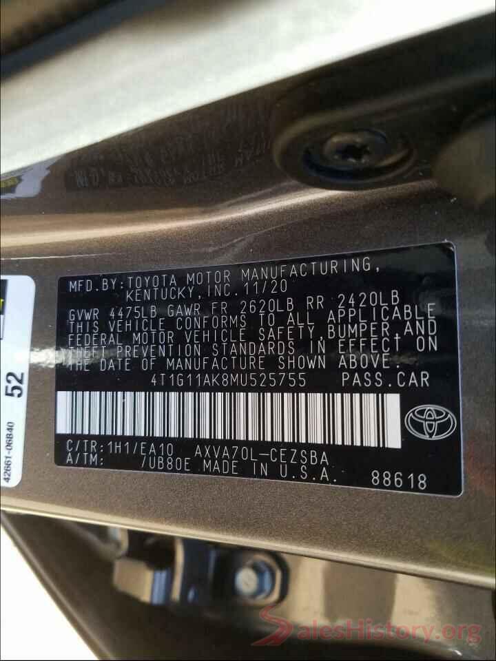 4T1G11AK8MU525755 2021 TOYOTA CAMRY