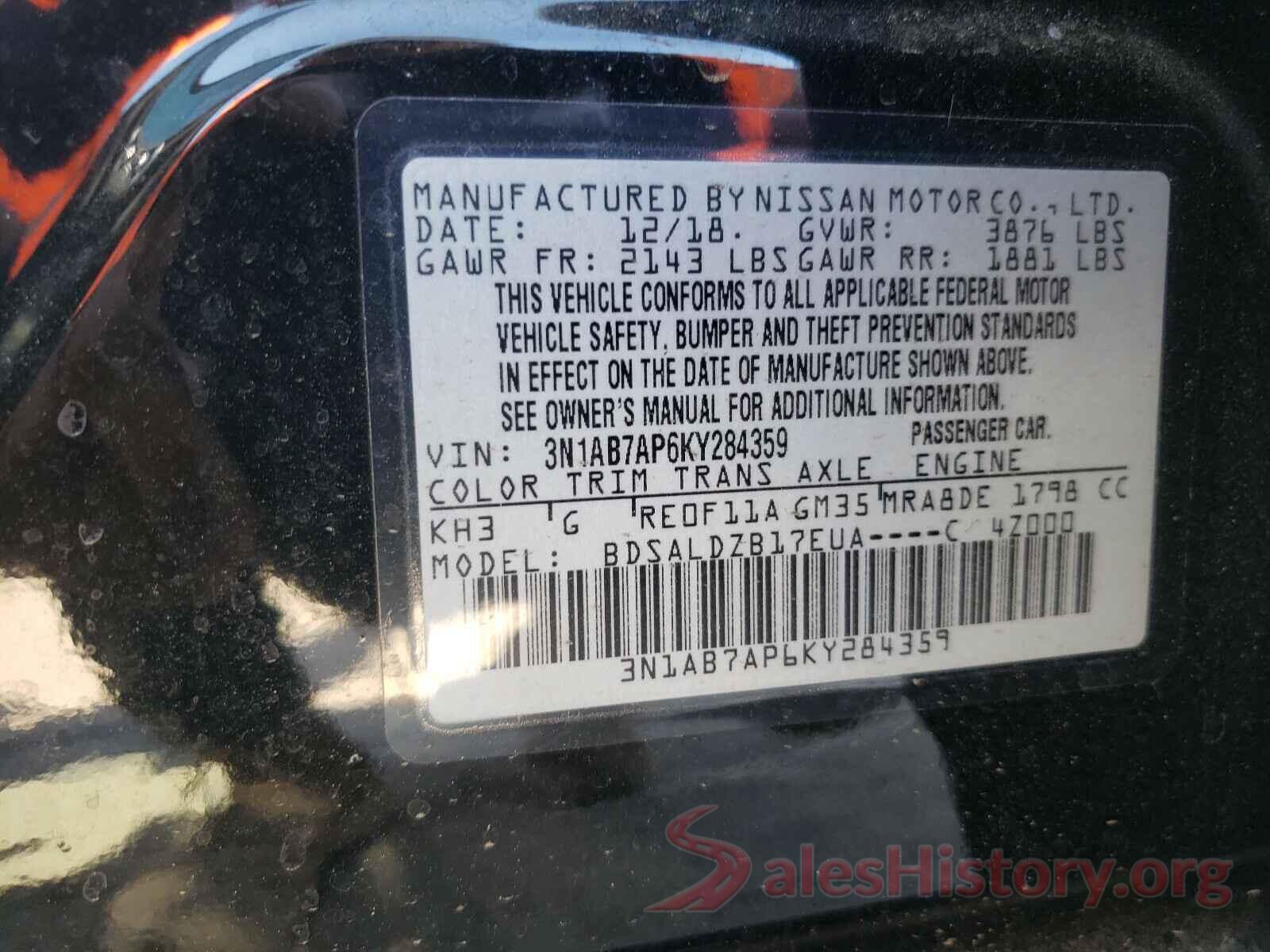 3N1AB7AP6KY284359 2019 NISSAN SENTRA