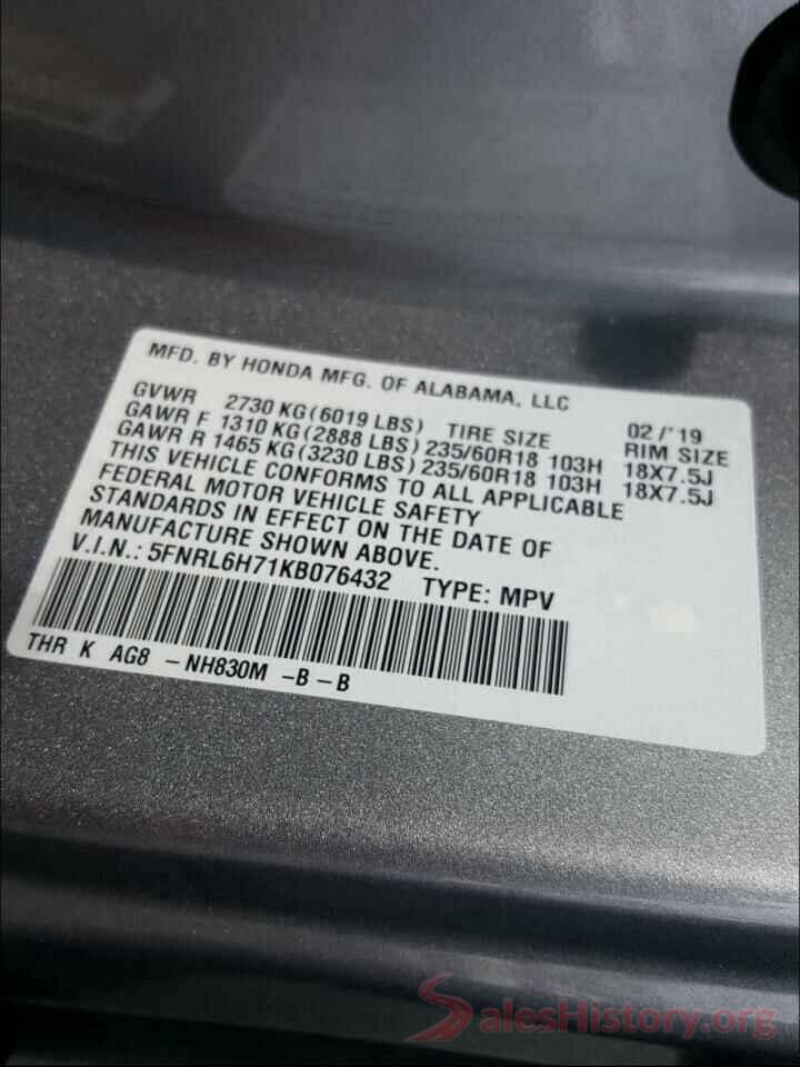 5FNRL6H71KB076432 2019 HONDA ODYSSEY