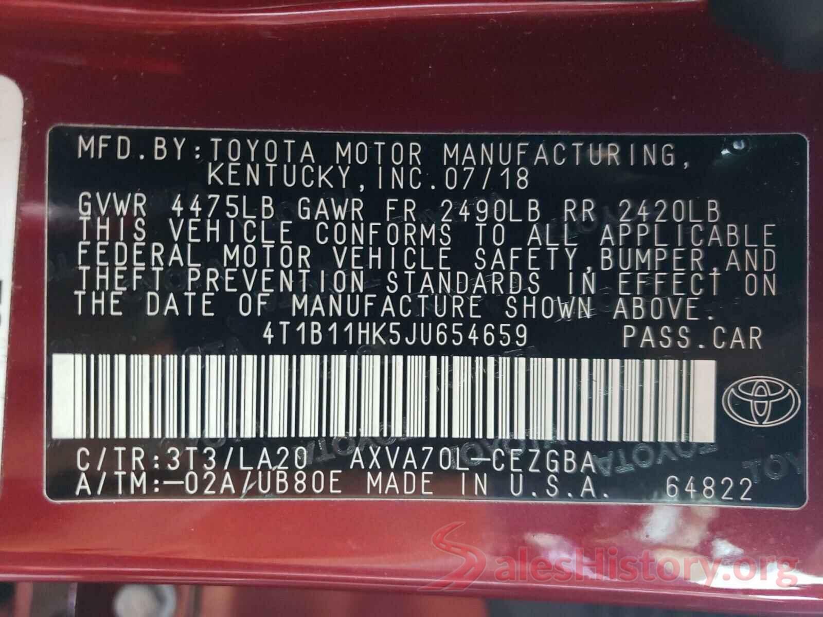 4T1B11HK5JU654659 2018 TOYOTA CAMRY