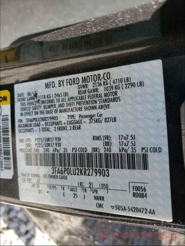 3FA6P0LU2KR279903 2019 FORD FUSION