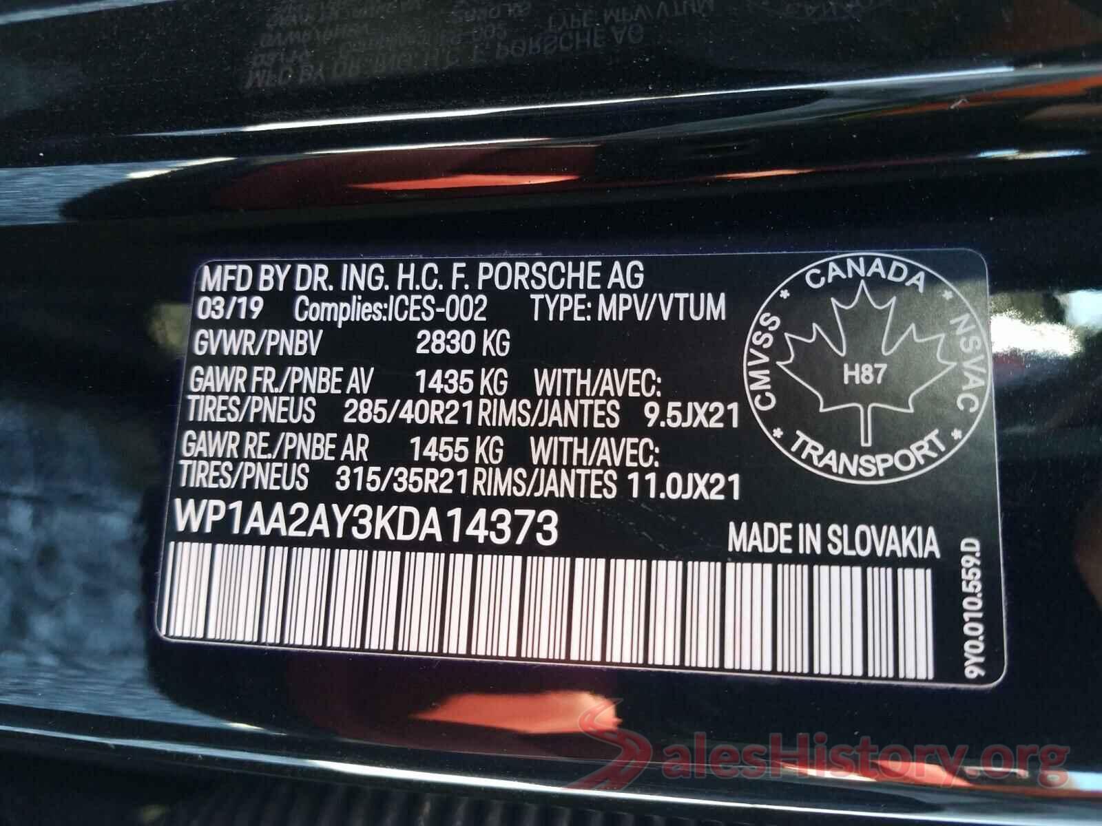 WP1AA2AY3KDA14373 2019 PORSCHE CAYENNE