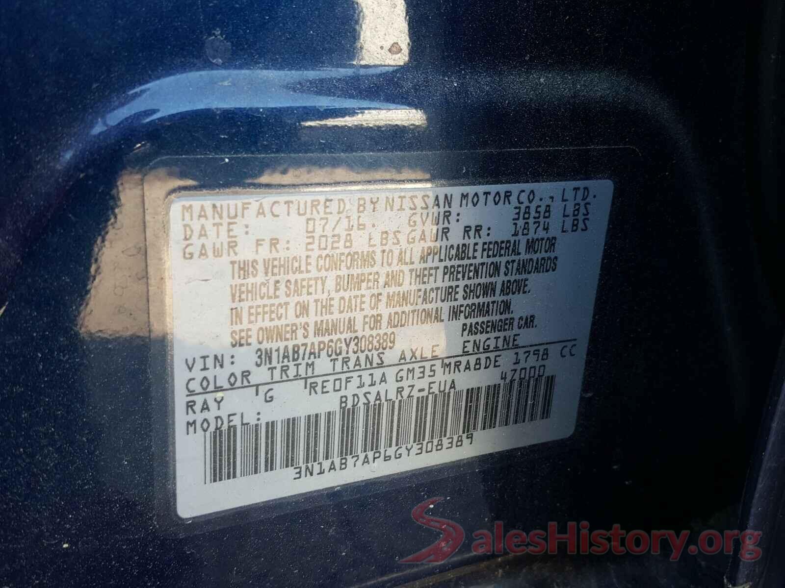 3N1AB7AP6GY308389 2016 NISSAN SENTRA