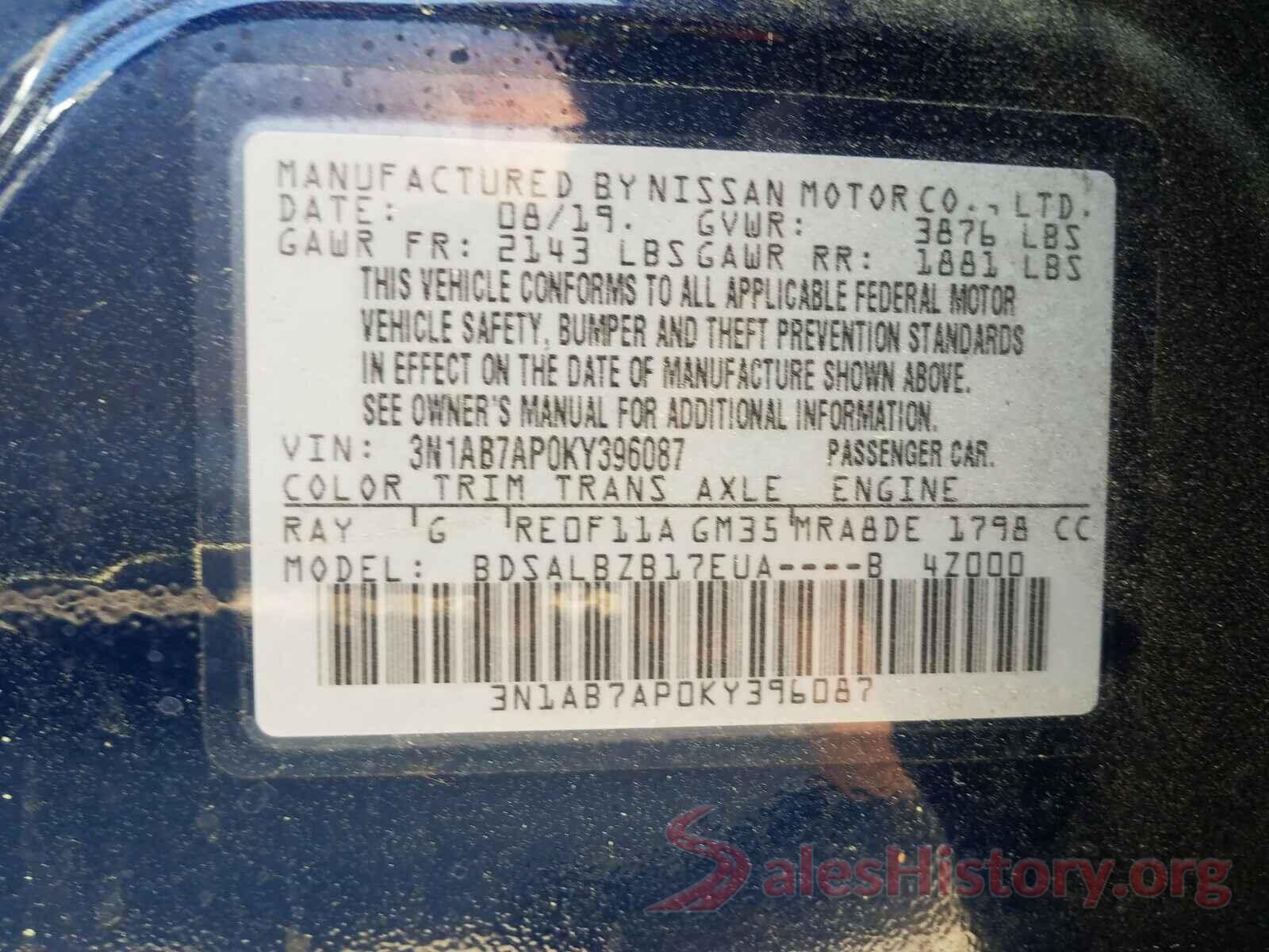 3N1AB7AP0KY396087 2019 NISSAN SENTRA