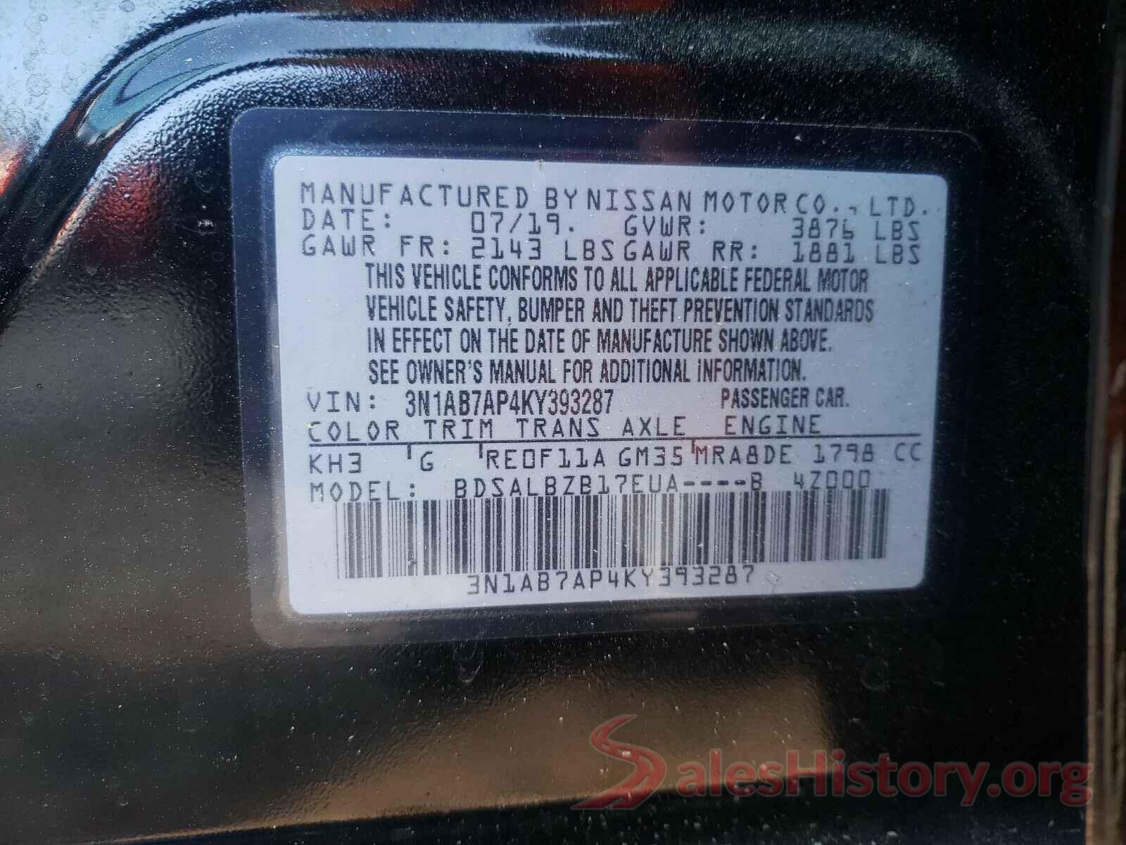 3N1AB7AP4KY393287 2019 NISSAN SENTRA