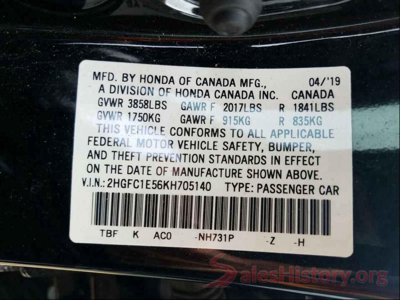 2HGFC1E56KH705140 2019 HONDA CIVIC