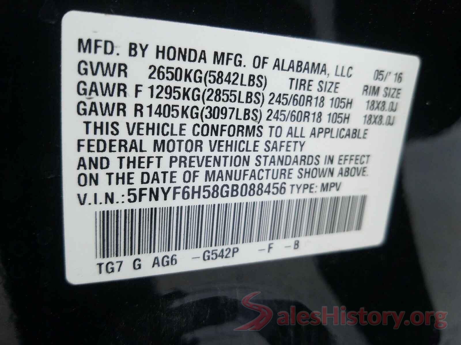 5FNYF6H58GB088456 2016 HONDA PILOT