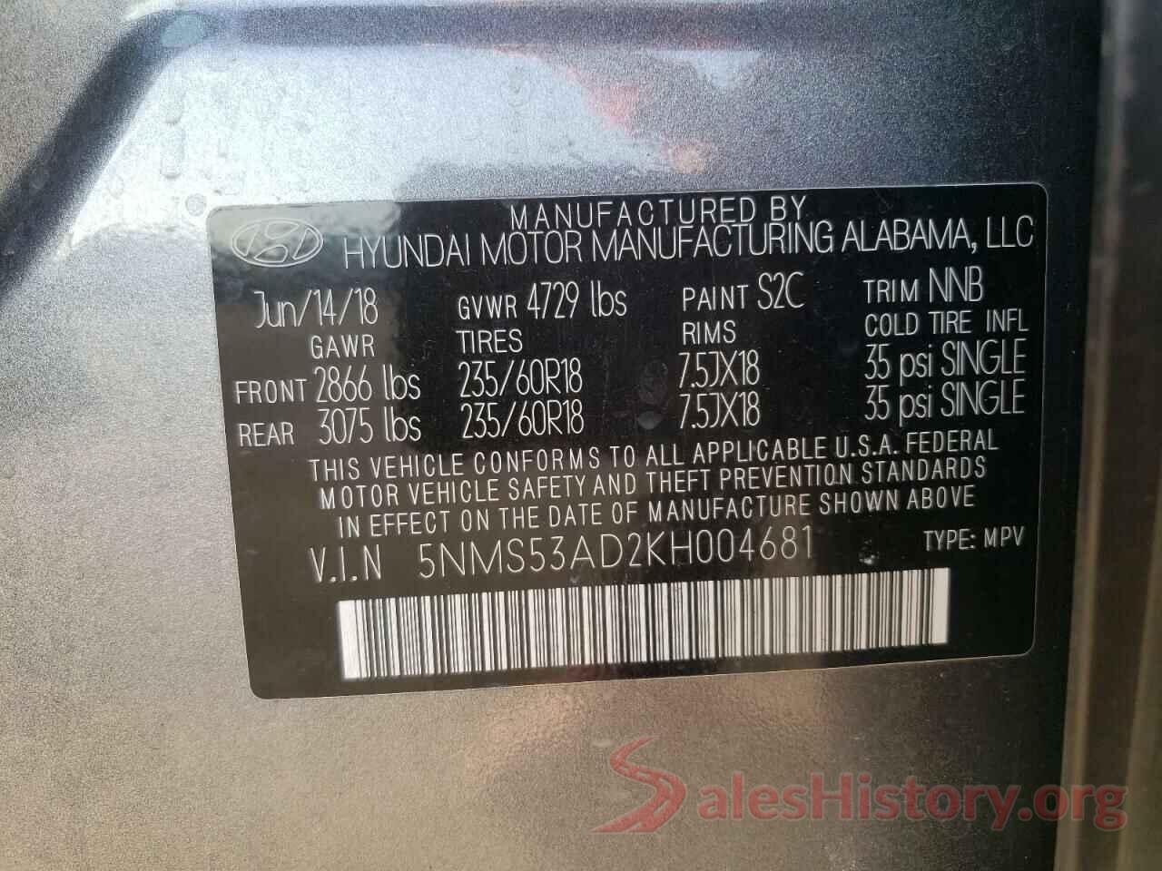 5NMS53AD2KH004681 2019 HYUNDAI SANTA FE