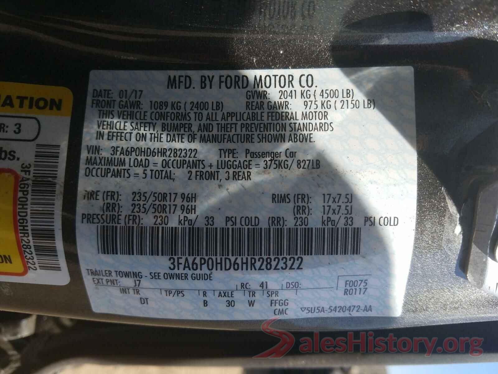 3FA6P0HD6HR282322 2017 FORD FUSION