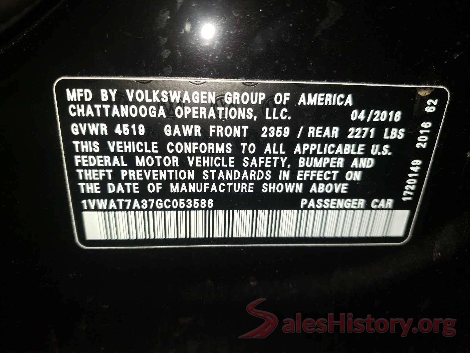 1VWAT7A37GC053586 2016 VOLKSWAGEN PASSAT