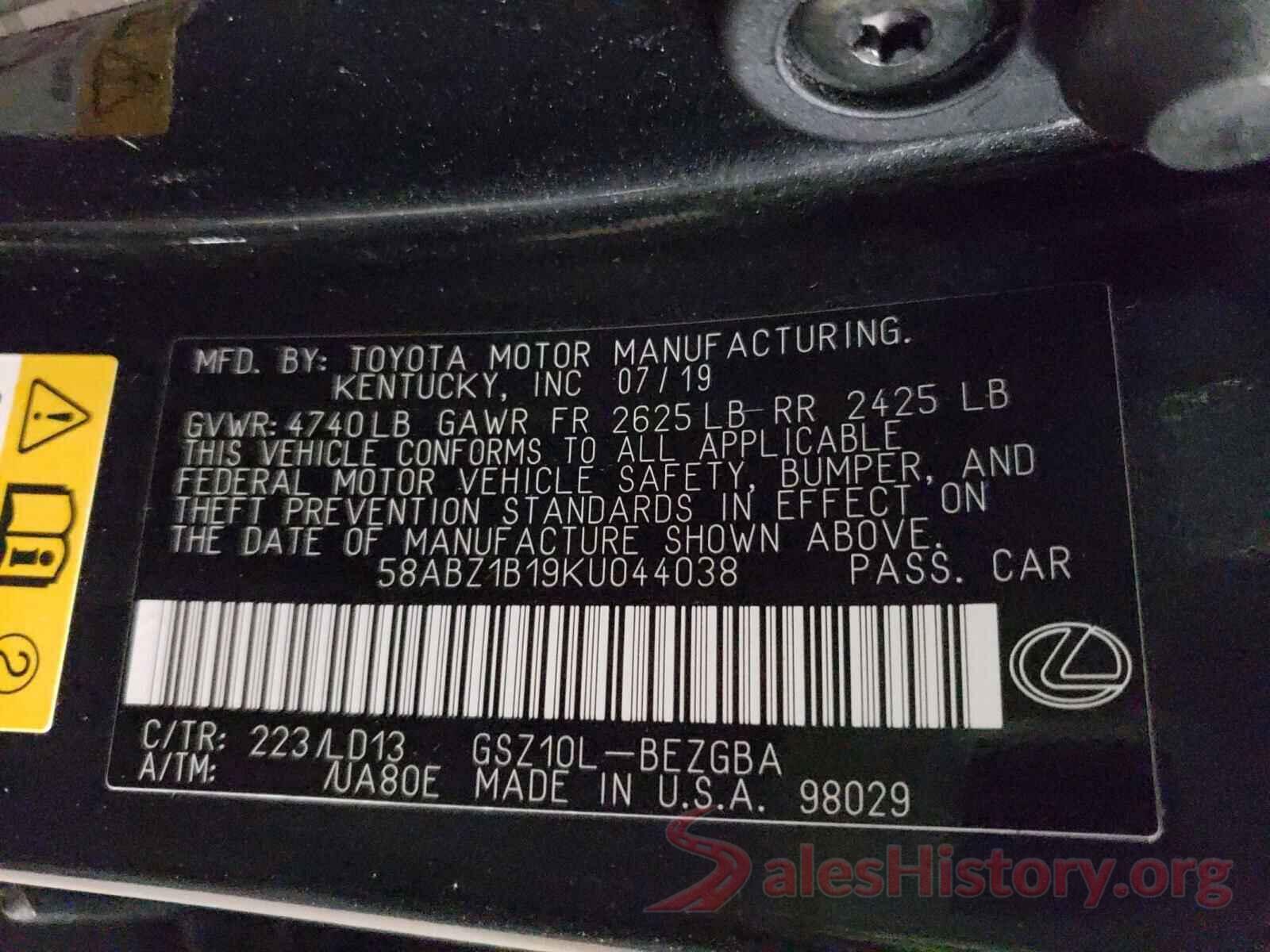 58ABZ1B19KU044038 2019 LEXUS ES350