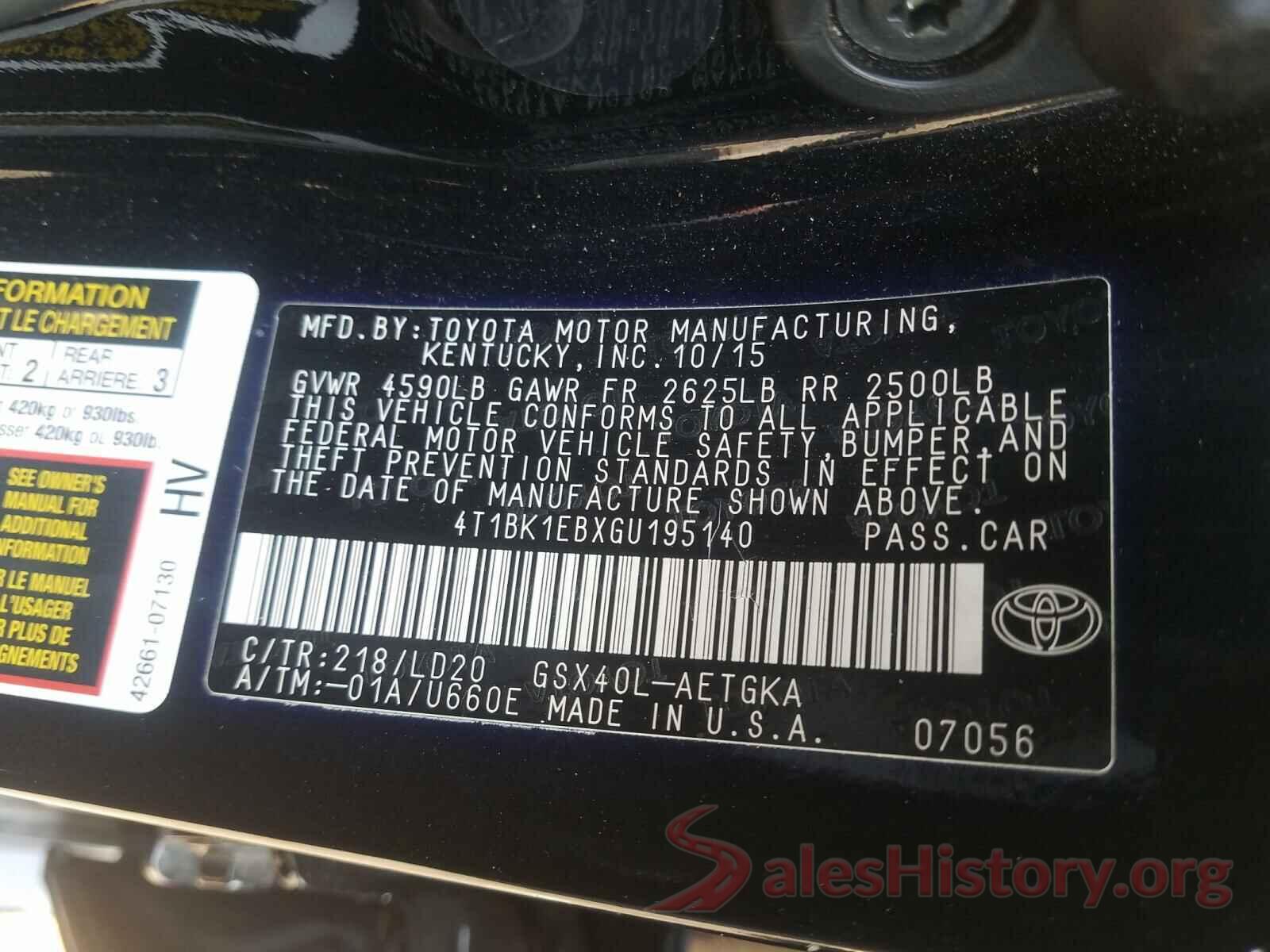 4T1BK1EBXGU195140 2016 TOYOTA AVALON