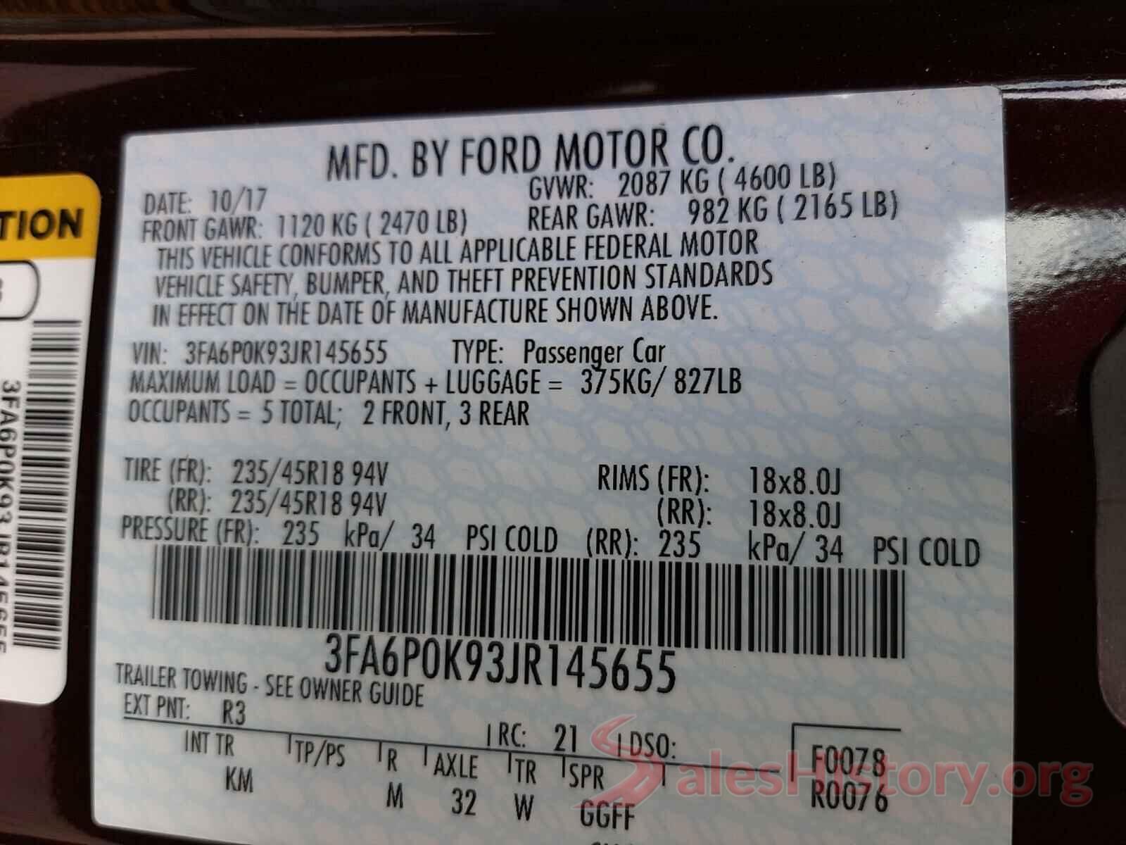 3FA6P0K93JR145655 2018 FORD FUSION