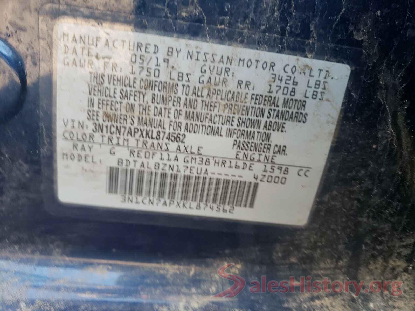 3N1CN7APXKL874562 2019 NISSAN VERSA