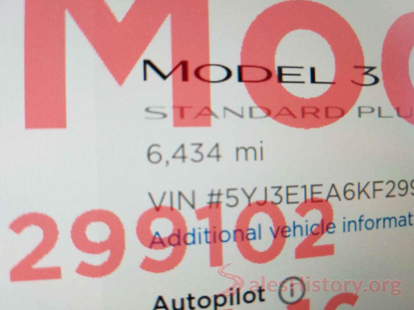 5YJ3E1EA6KF299102 2019 TESLA MODEL 3