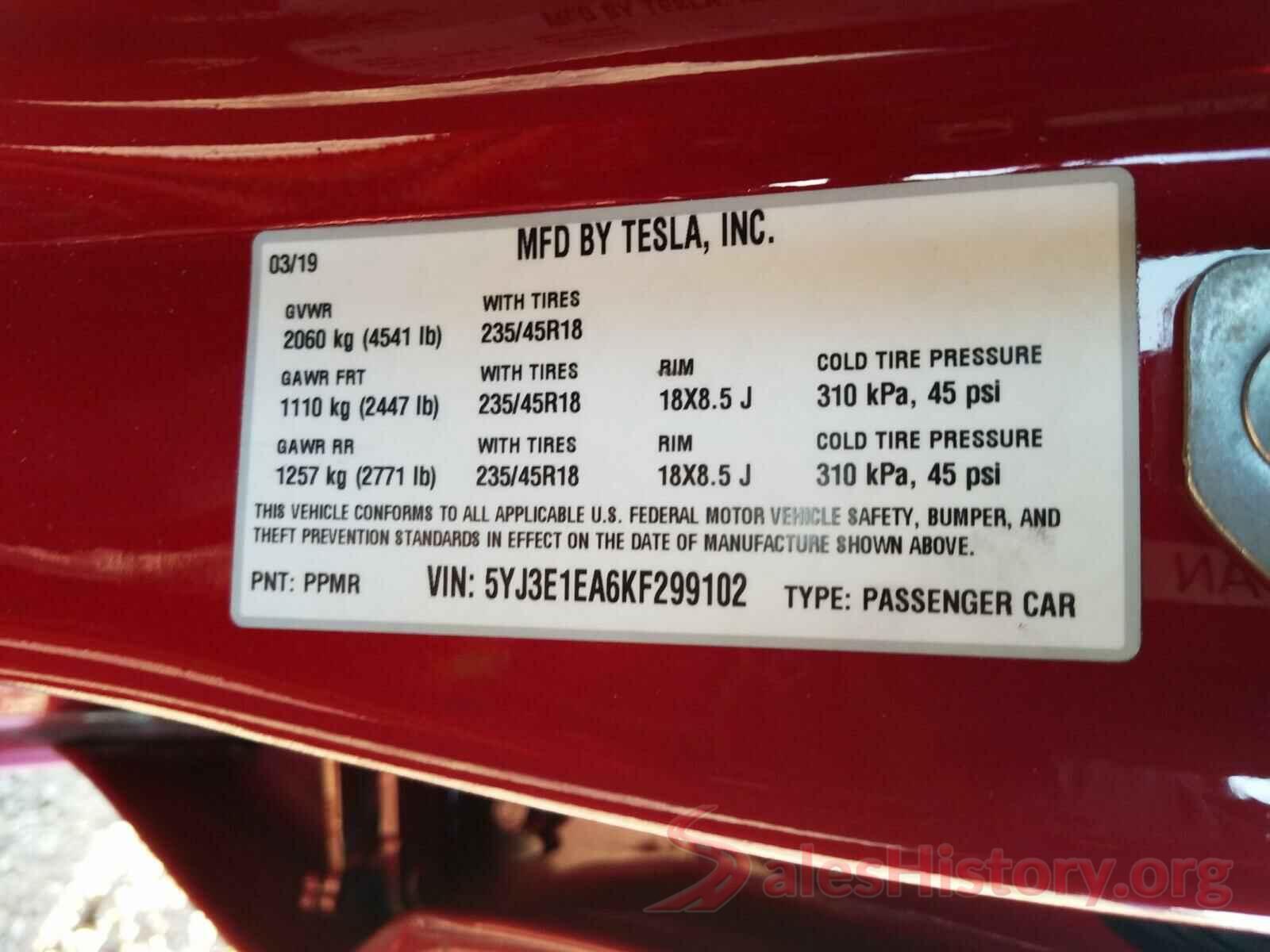 5YJ3E1EA6KF299102 2019 TESLA MODEL 3