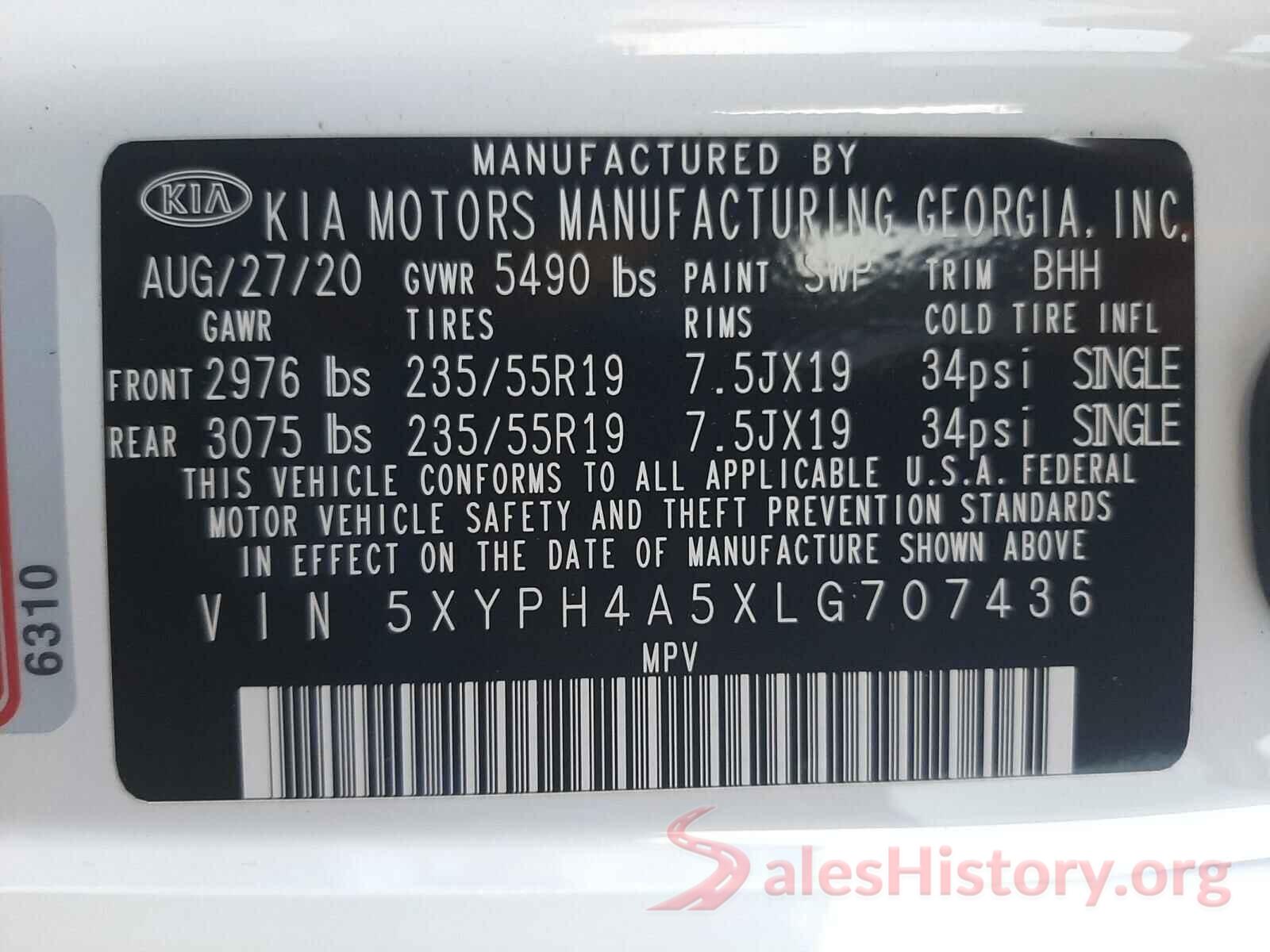 5XYPH4A5XLG707436 2020 KIA SORENTO