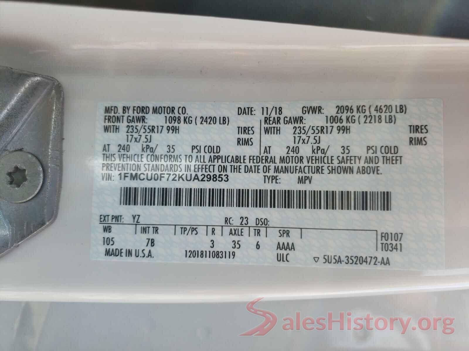 1FMCU0F72KUA29853 2019 FORD ESCAPE