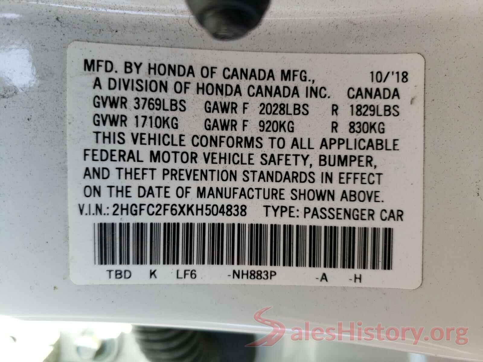 2HGFC2F6XKH504838 2019 HONDA CIVIC