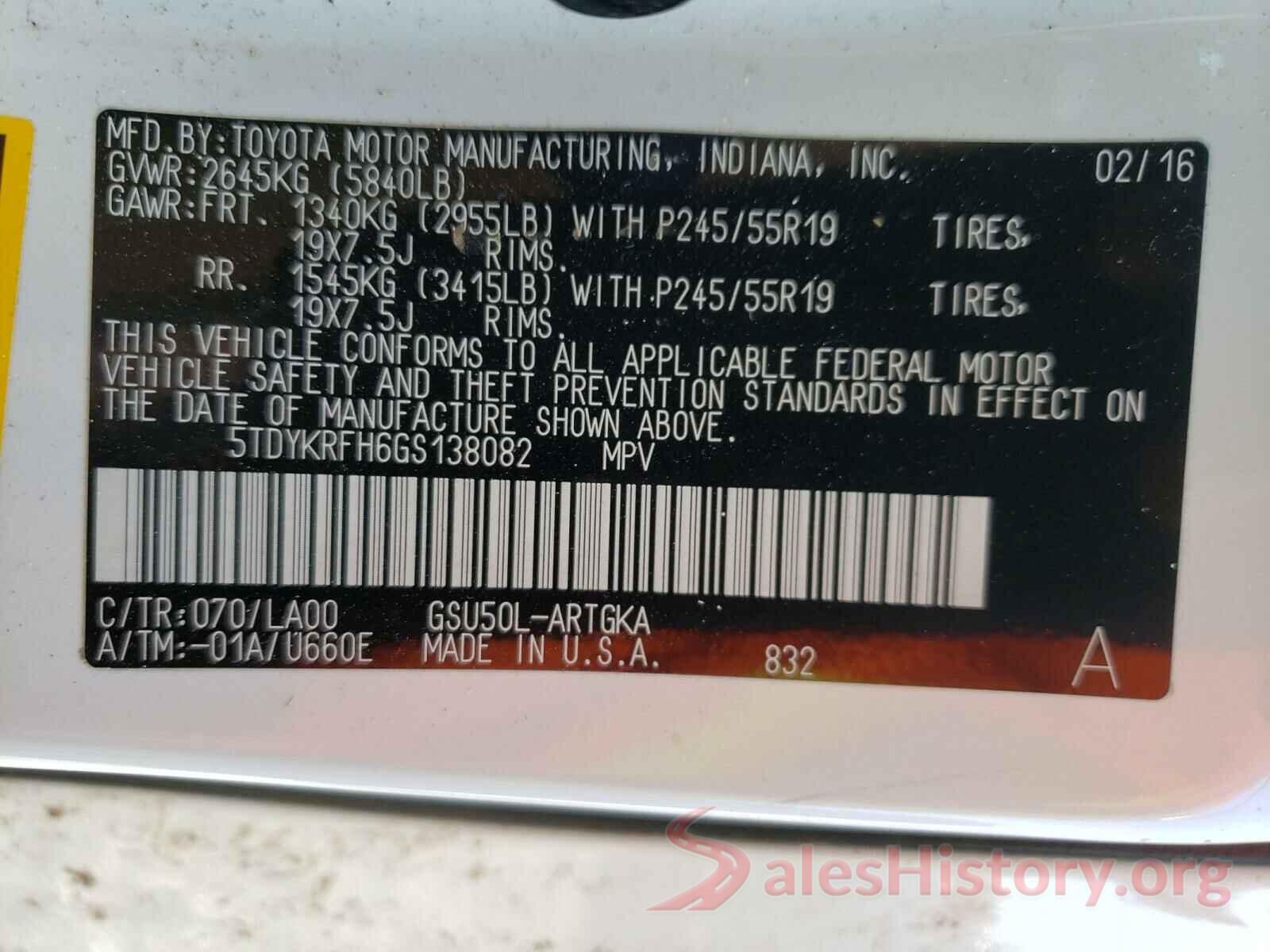 5TDYKRFH6GS138082 2016 TOYOTA HIGHLANDER