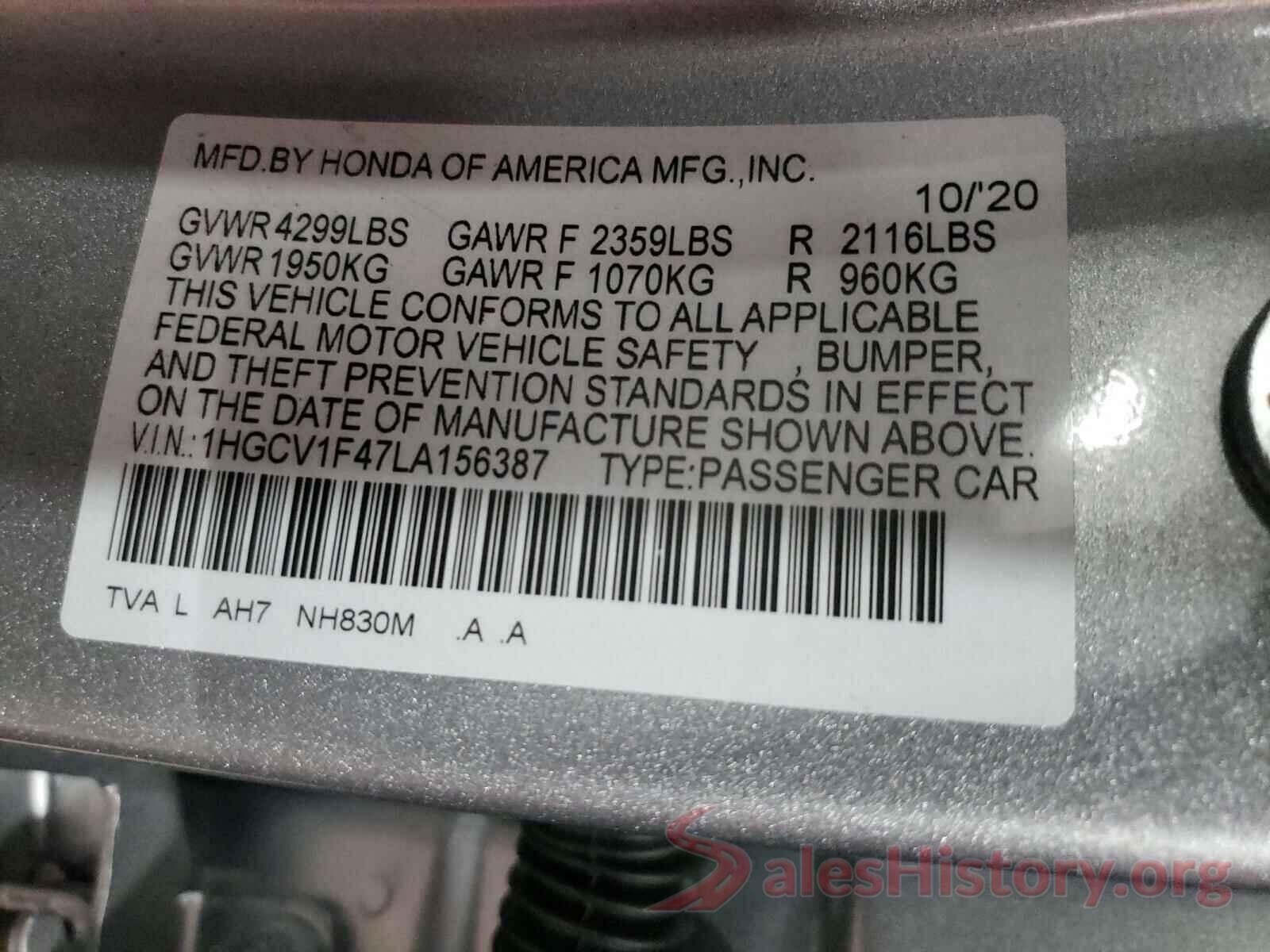 1HGCV1F47LA156387 2020 HONDA ACCORD