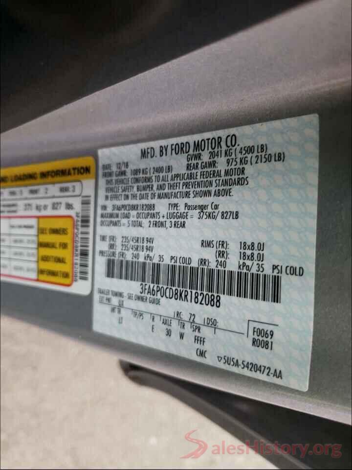 3FA6P0CD8KR182088 2019 FORD FUSION