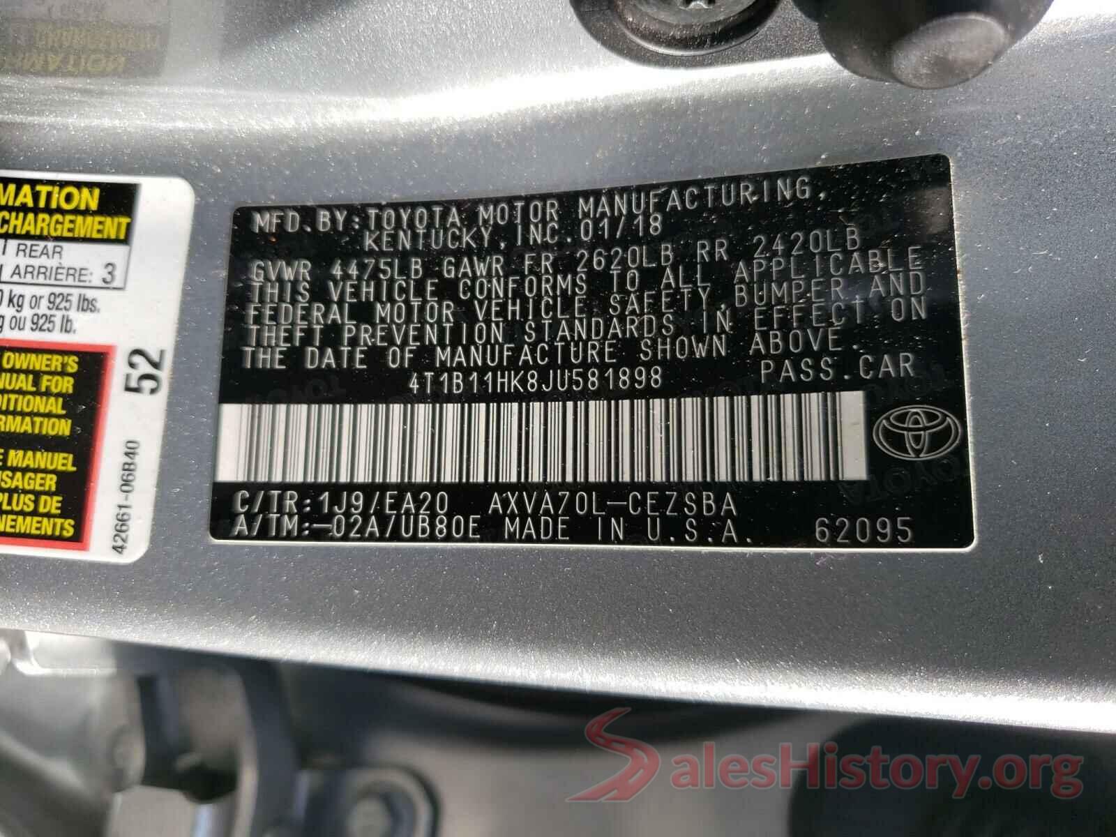 4T1B11HK8JU581898 2018 TOYOTA CAMRY