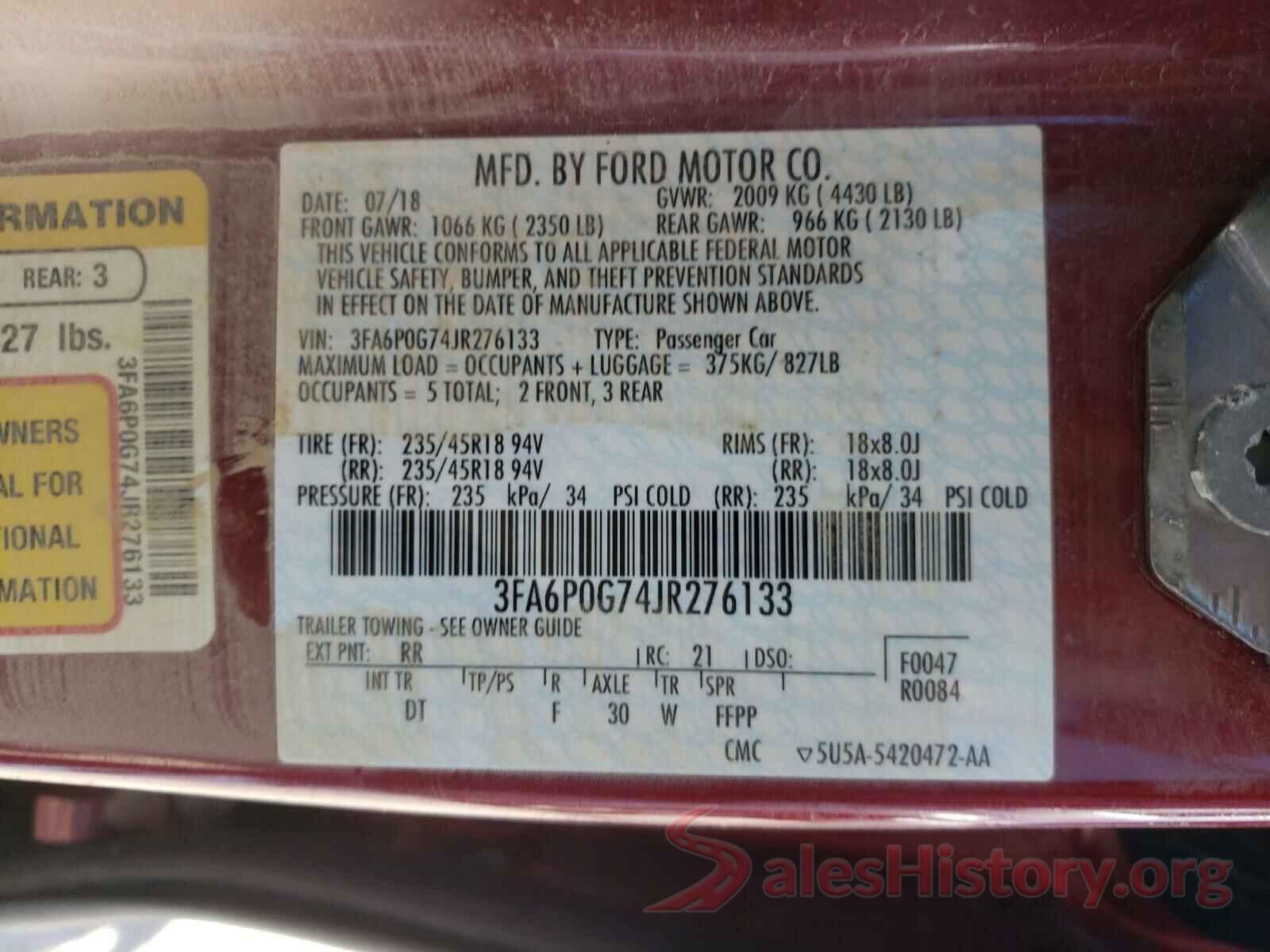 3FA6P0G74JR276133 2018 FORD FUSION