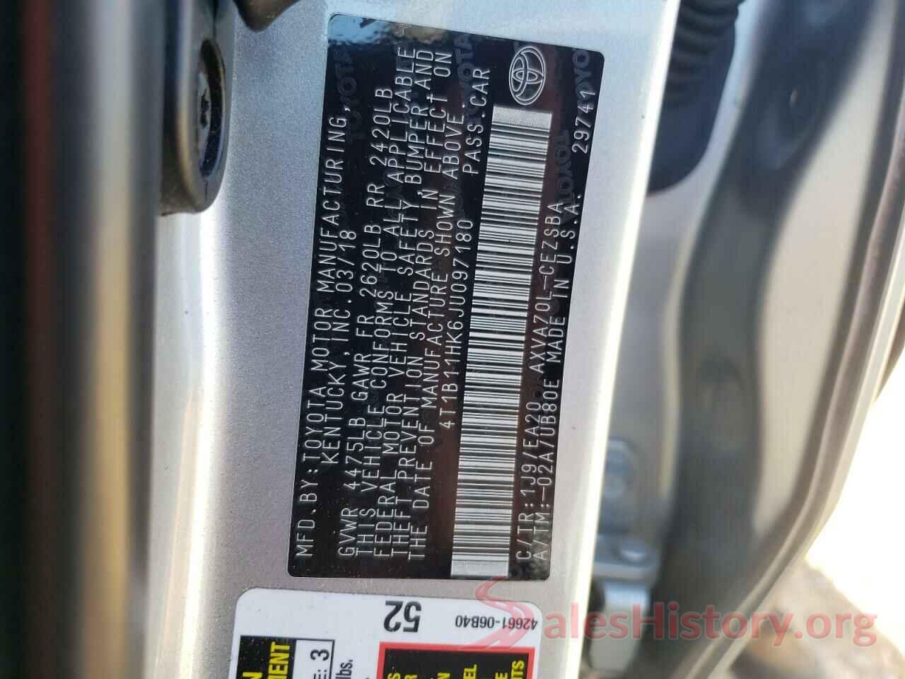 4T1B11HK6JU097180 2018 TOYOTA CAMRY