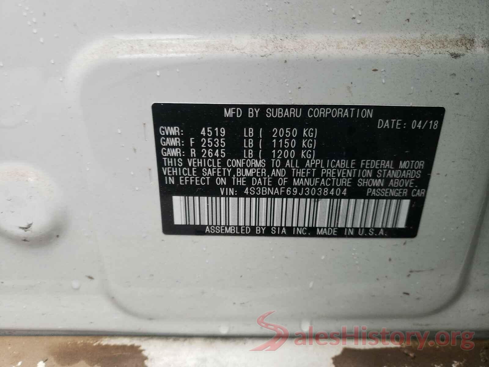 4S3BNAF69J3038404 2018 SUBARU LEGACY