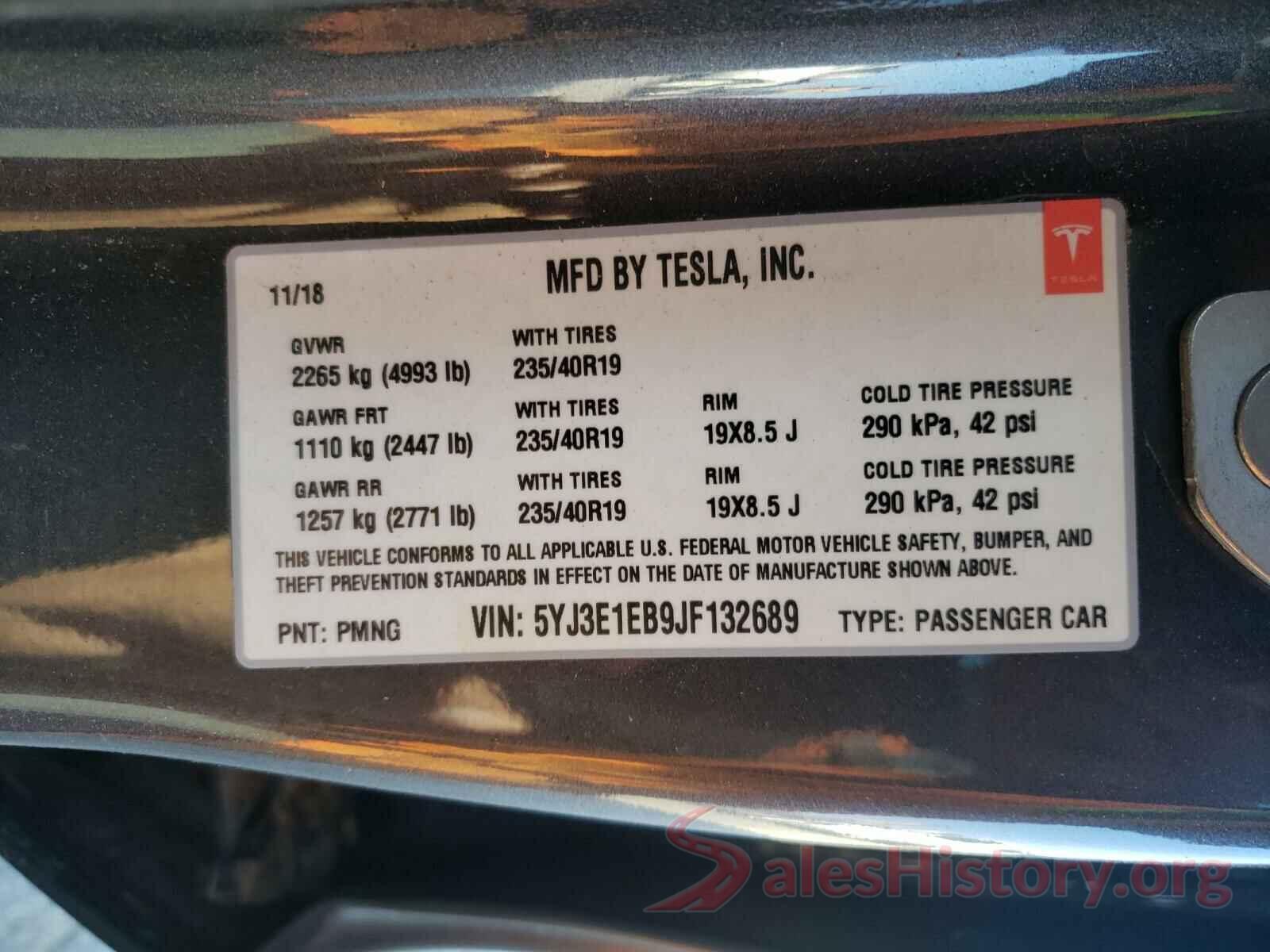 5YJ3E1EB9JF132689 2018 TESLA MODEL 3