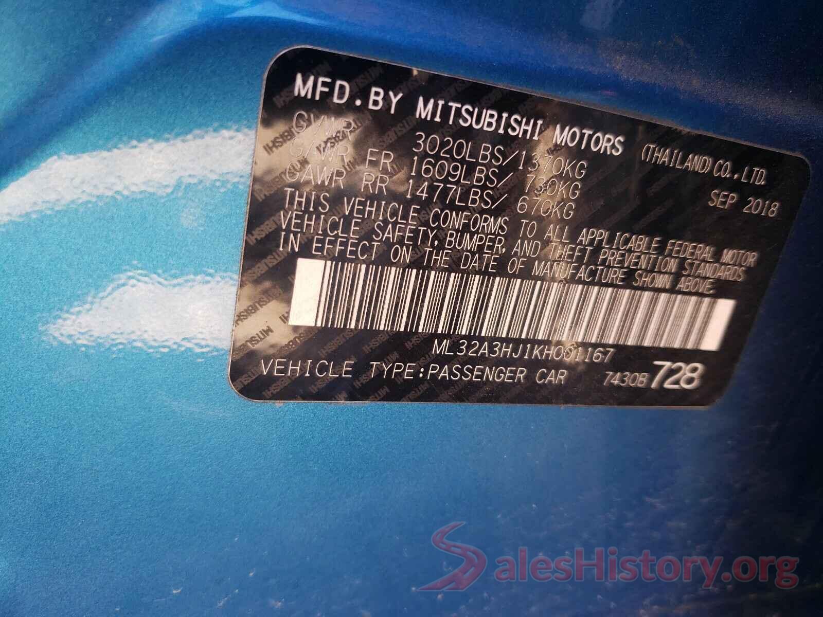 ML32A3HJ1KH001167 2019 MITSUBISHI MIRAGE