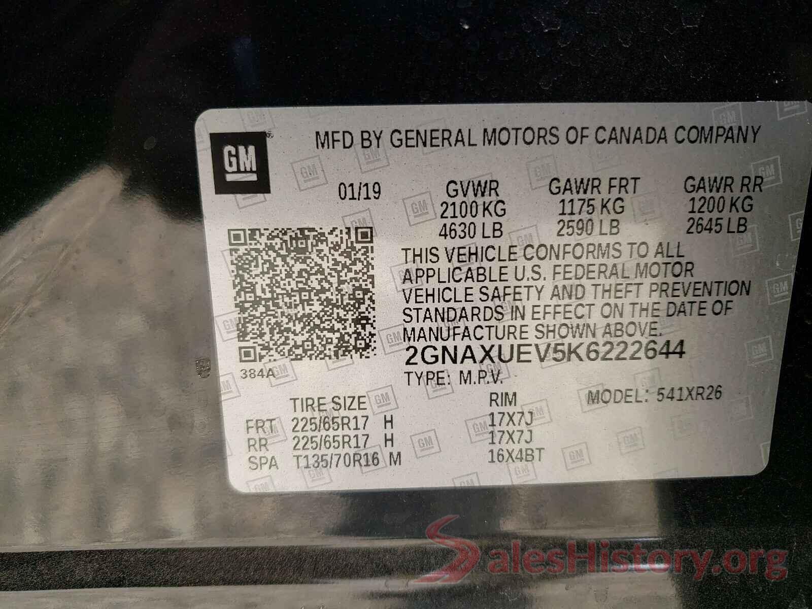 2GNAXUEV5K6222644 2019 CHEVROLET EQUINOX