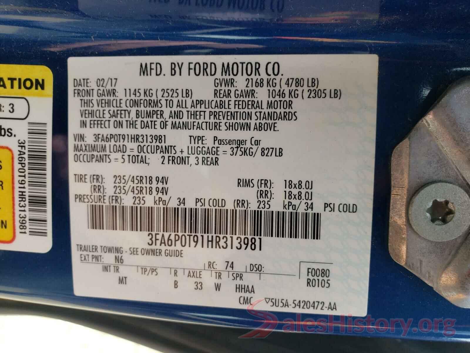 3FA6P0T91HR313981 2017 FORD FUSION