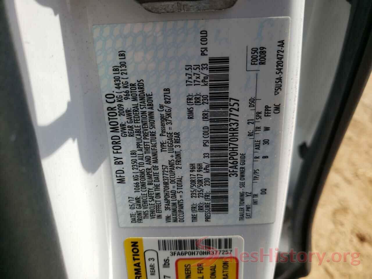 3FA6P0H70HR377257 2017 FORD FUSION