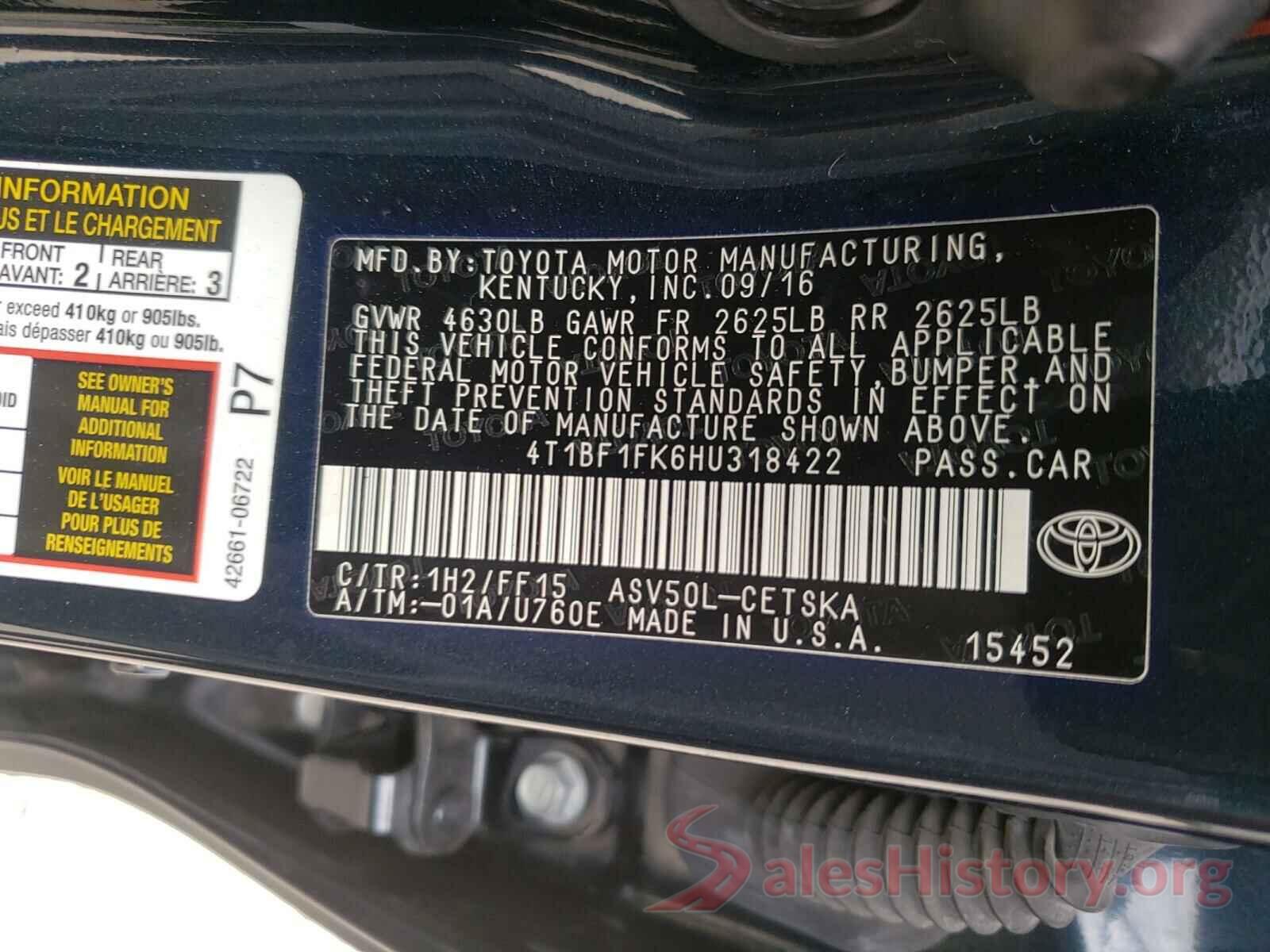 4T1BF1FK6HU318422 2017 TOYOTA CAMRY