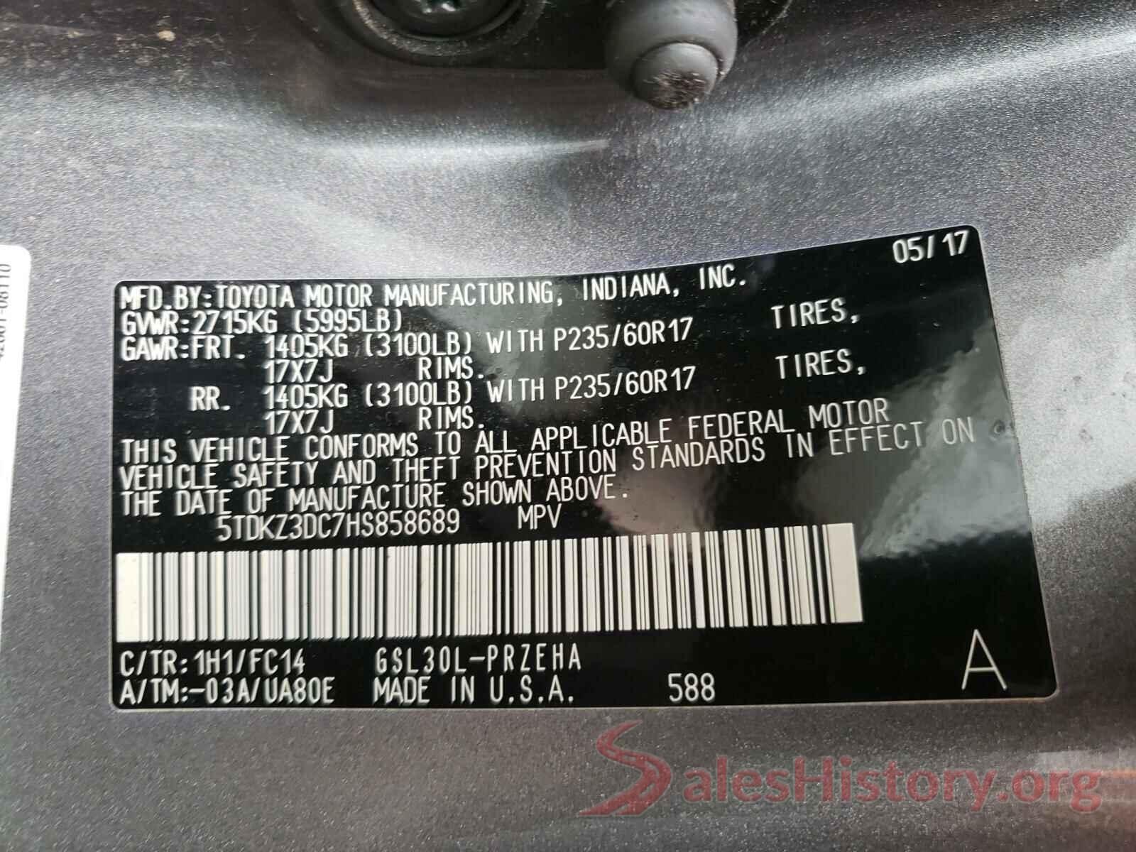 5TDKZ3DC7HS858689 2017 TOYOTA SIENNA