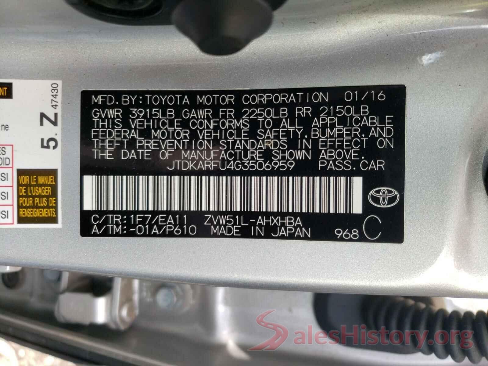 JTDKARFU4G3506959 2016 TOYOTA PRIUS