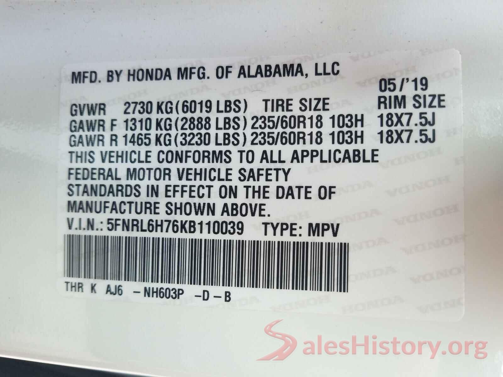 5FNRL6H76KB110039 2019 HONDA ODYSSEY