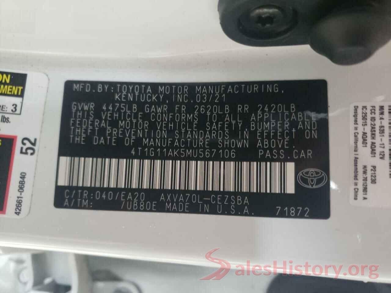 4T1G11AK5MU567106 2021 TOYOTA CAMRY