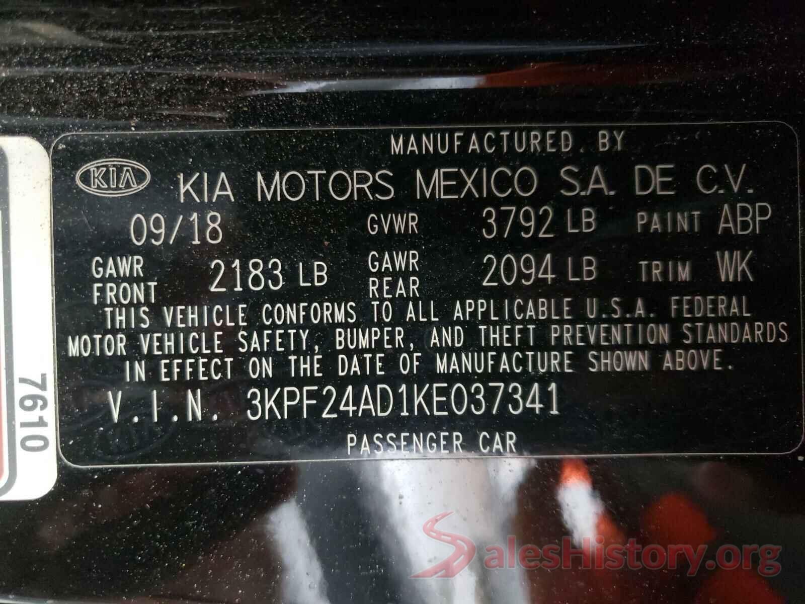 3KPF24AD1KE037341 2019 KIA FORTE