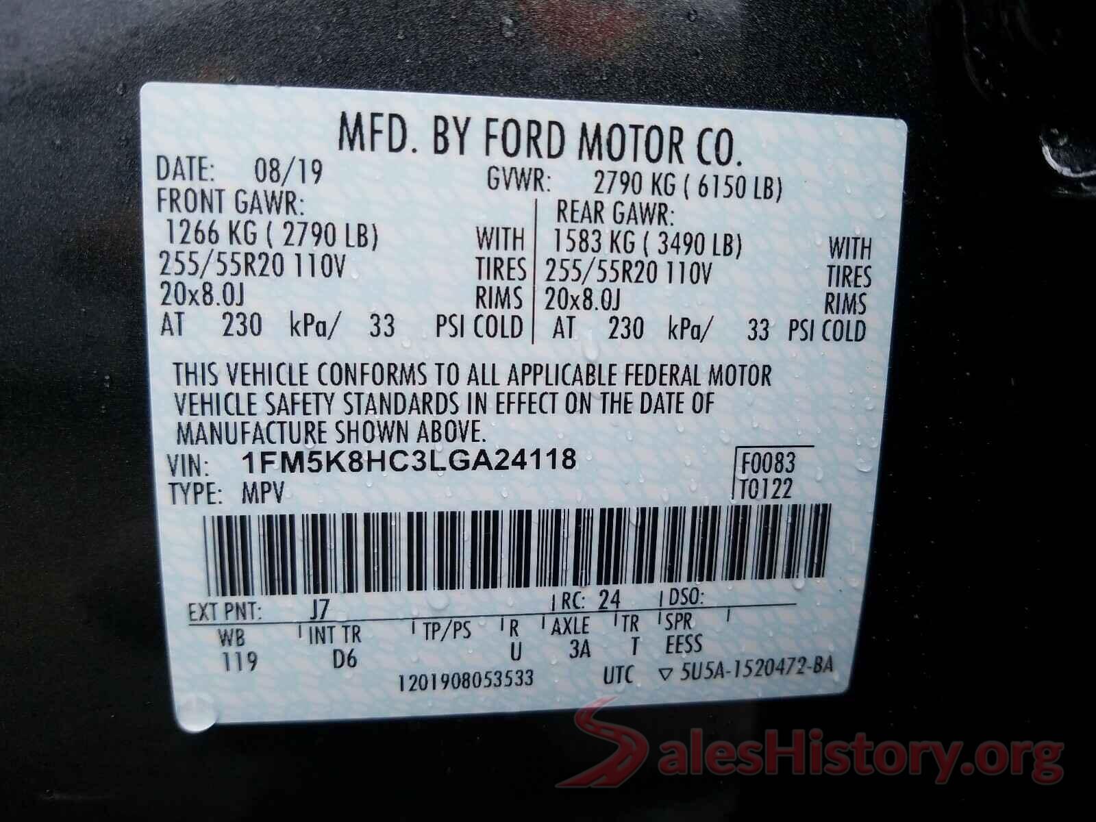 1FM5K8HC3LGA24118 2020 FORD EXPLORER