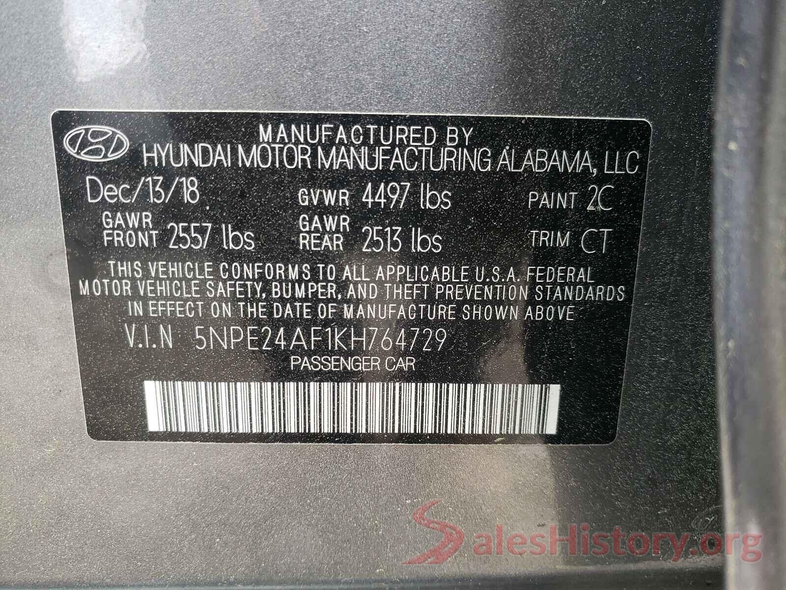 5NPE24AF1KH764729 2019 HYUNDAI SONATA