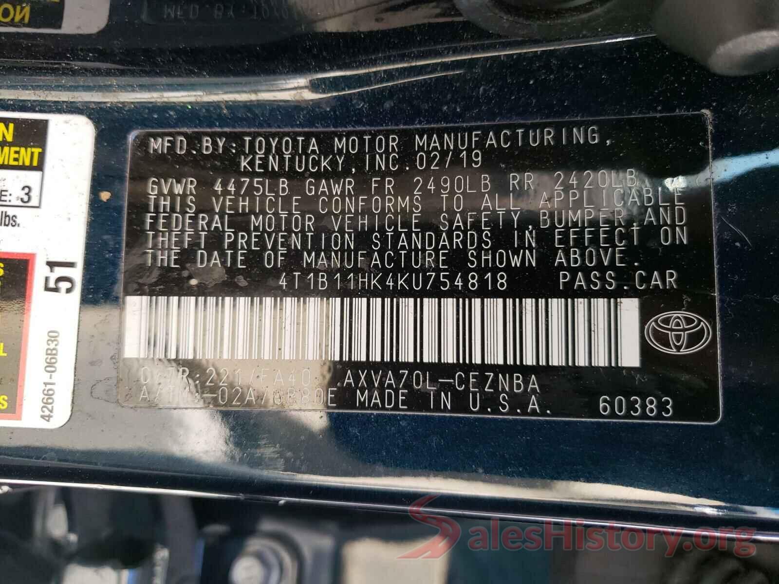 4T1B11HK4KU754818 2019 TOYOTA CAMRY