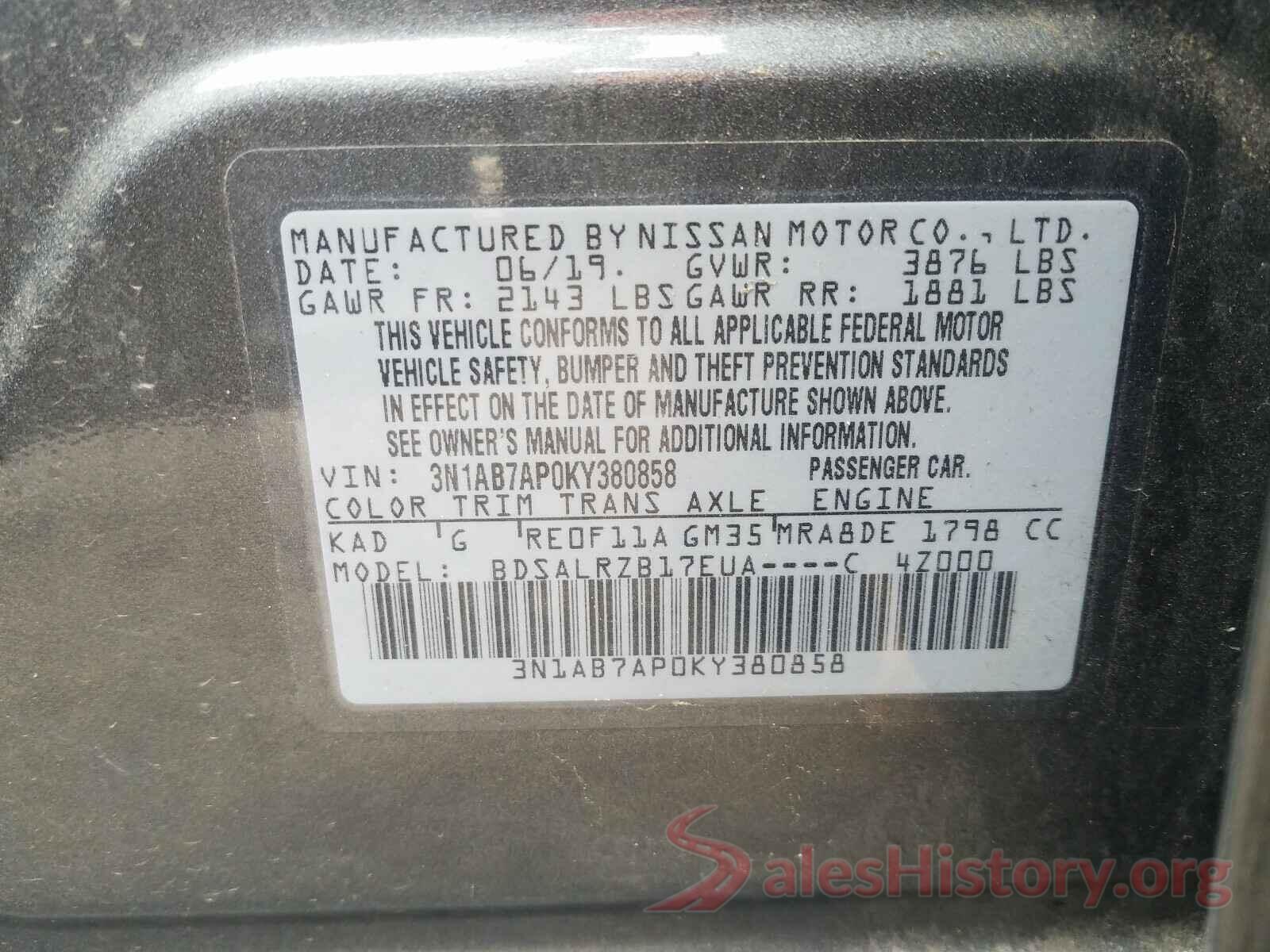 3N1AB7AP0KY380858 2019 NISSAN SENTRA