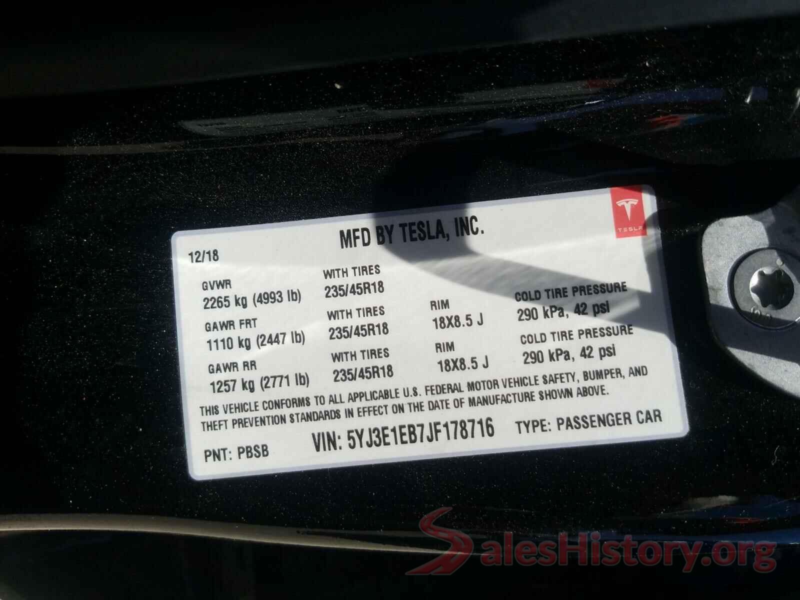 5YJ3E1EB7JF178716 2018 TESLA MODEL 3