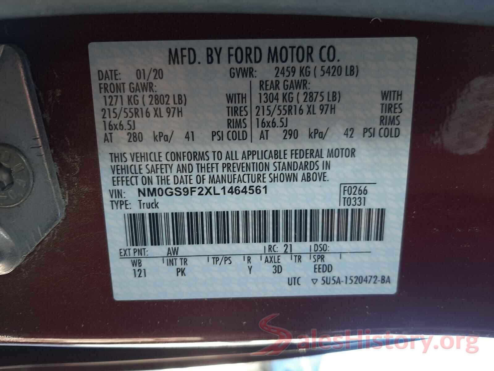 NM0GS9F2XL1464561 2020 FORD TRANSIT CO