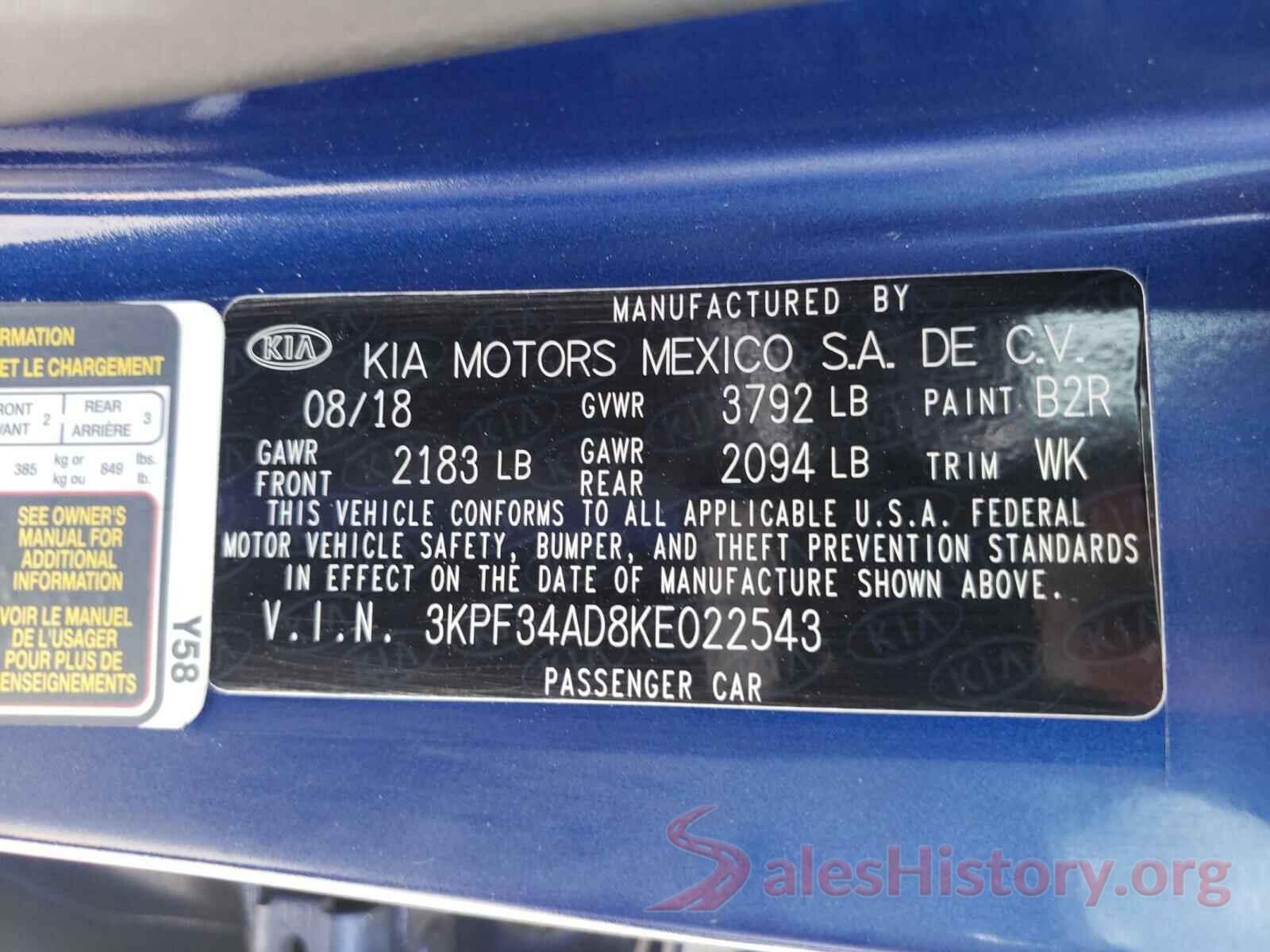 3KPF34AD8KE022543 2019 KIA FORTE