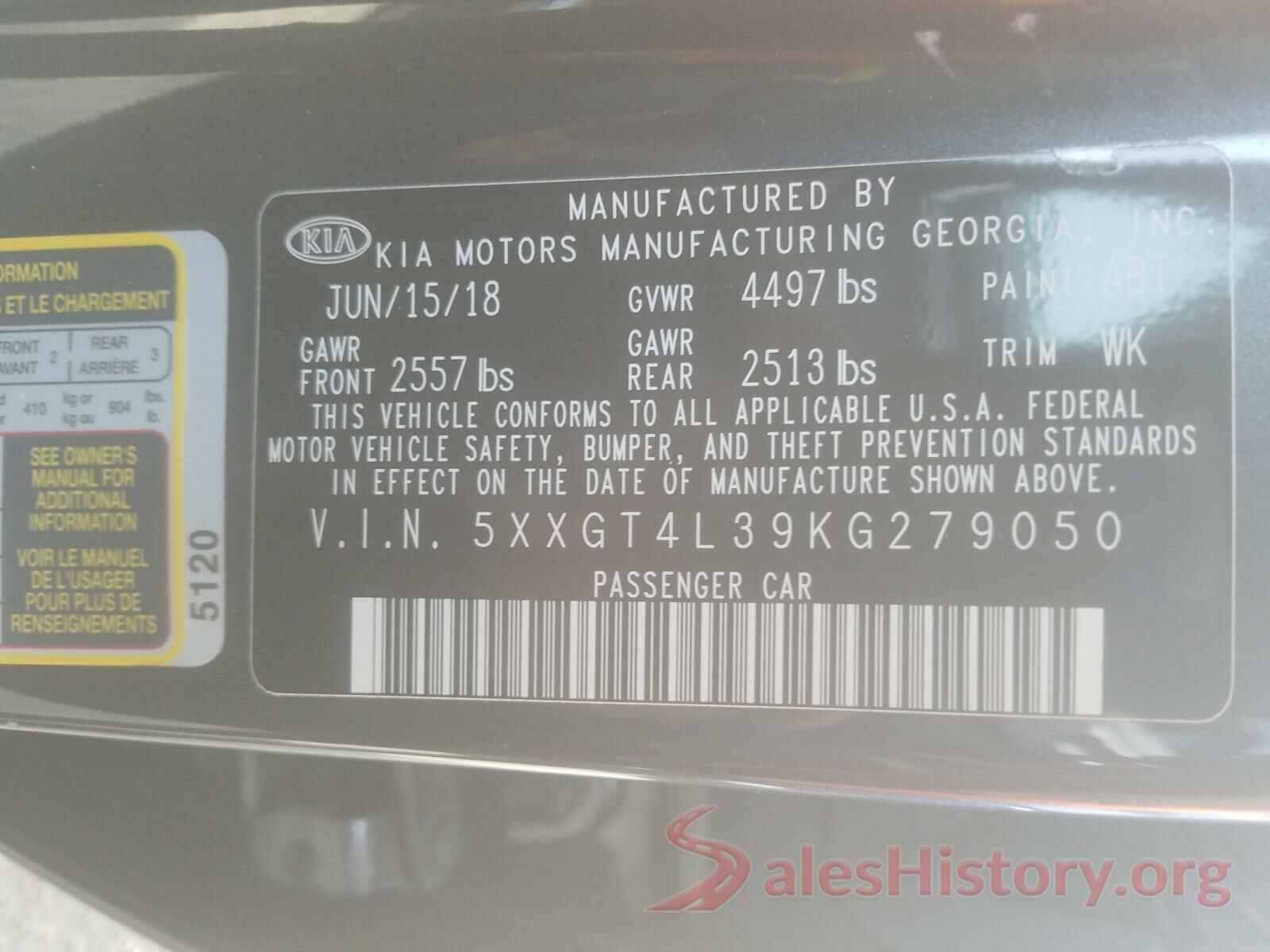 5XXGT4L39KG279050 2019 KIA OPTIMA