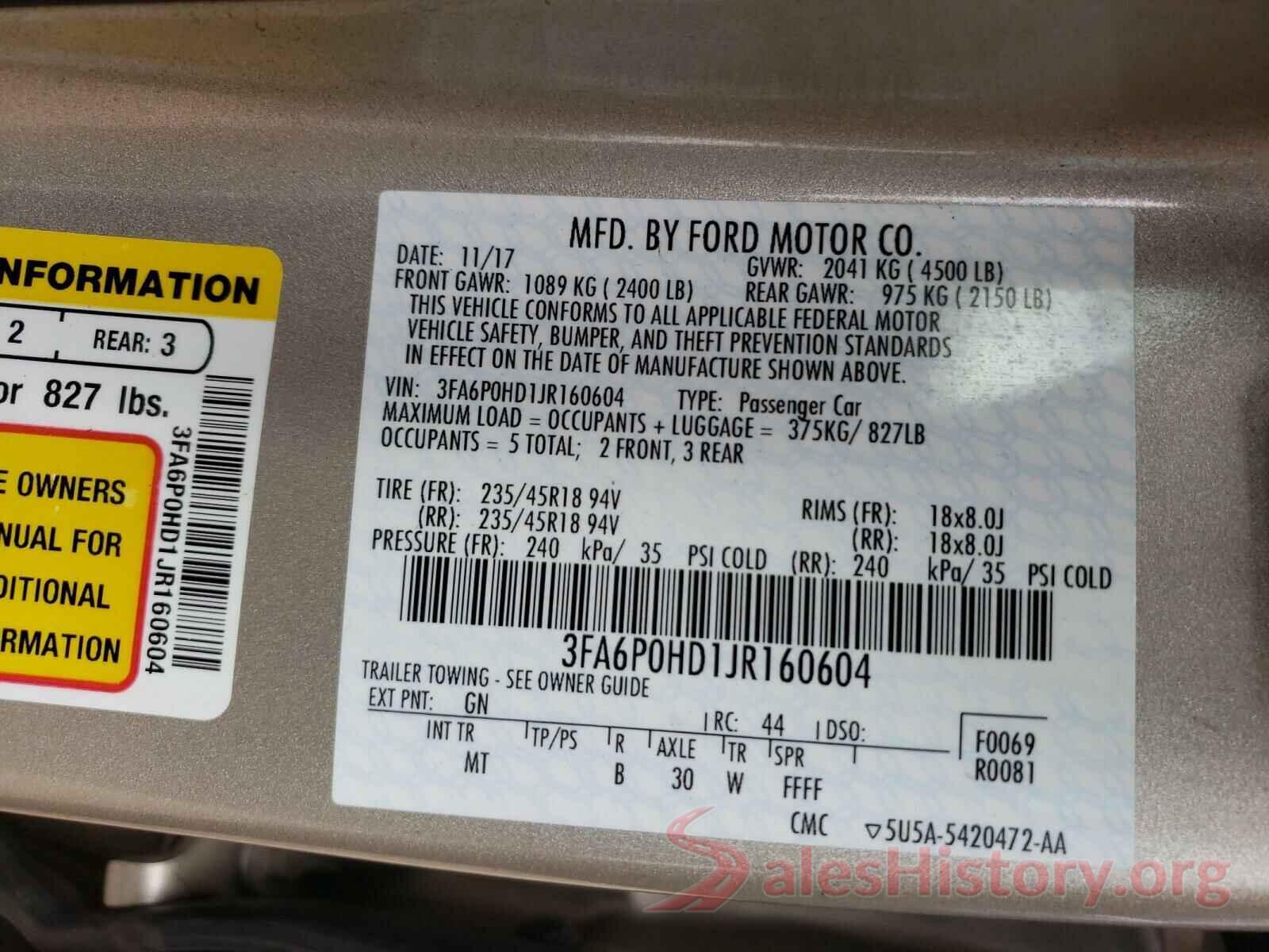 3FA6P0HD1JR160604 2018 FORD FUSION